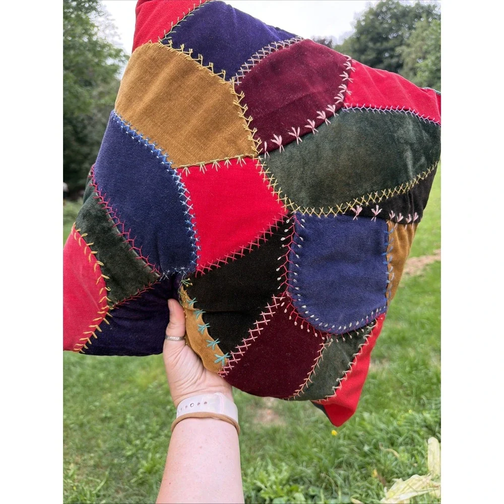 Vintage crazy quilt throw pillow made from  Scrap, green velvet back 16 x 17